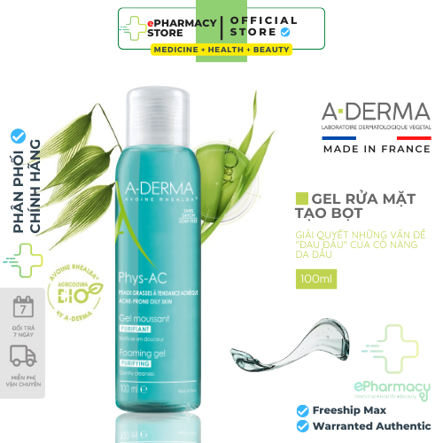 Gel Rửa Mặt Làm Sạch Sâu, Kiểm Soát Nhờn A-Derma PHYS-AC FOAMING GEL 100ml