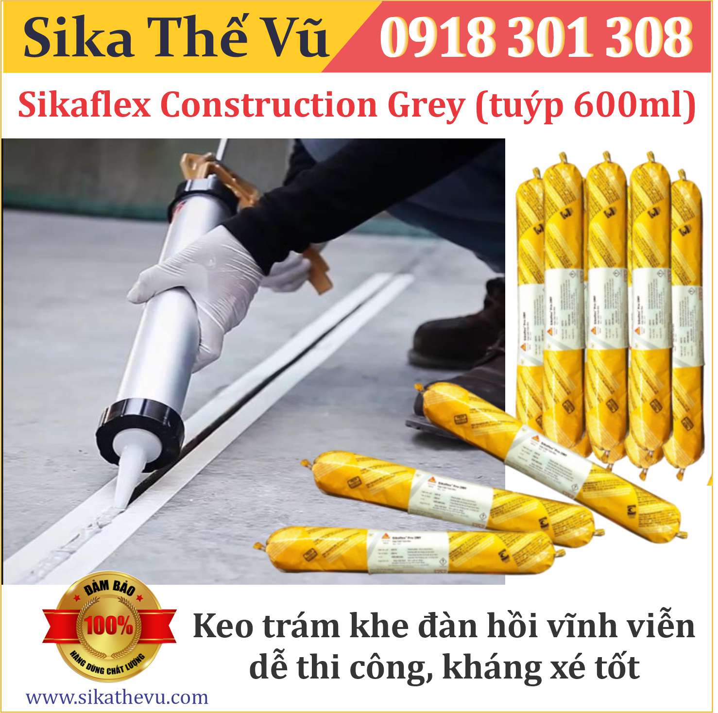 Keo trám khe đàn hồi vĩnh viễn, trám nứt cho tường và sàn - Sikaflex 140 Construction Grey (tuýp 600ml)