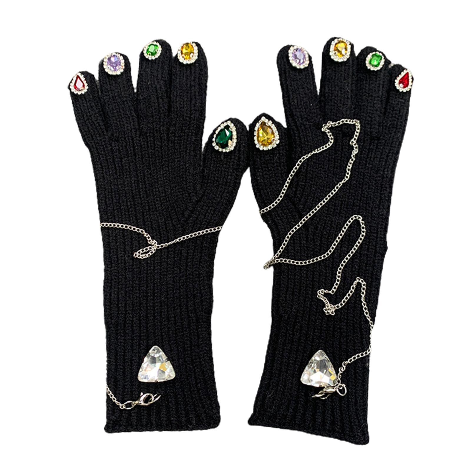 Women Winter Warm Gloves Faux Rhinestone Full Finger Thermal Gloves Elastic