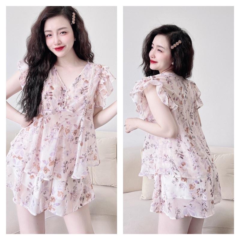 Đồ Bộ Nữ Voan 3 nút phối ren, quần giả váy có lót, freesize 40-65kg, tuỳ chiều cao