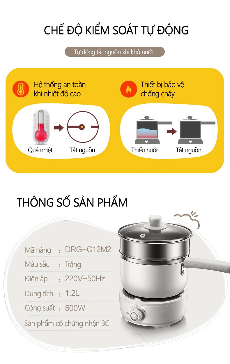 Nồi điện đa năng kèm lồng hấp 1.2L kèm chảo ... tặng kèm bát đũa thìa muôi (DRG-C12M2)