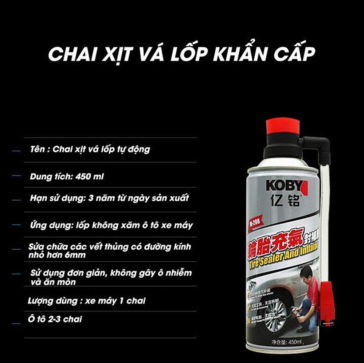 Bình chai bơm keo tự vá vỏ lốp bánh xe máy ô tô Koby 450ml khẩn cấp có và không săm thông minh