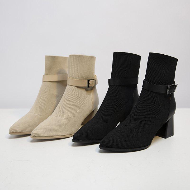 Mùa Thu Mới Gót Vuông Co Giãn Stovepipe Tất Giày Anh Chỉ Giày Cao Gót Cổ Chân Nữ Đế Gót Giày Bốt Nữ