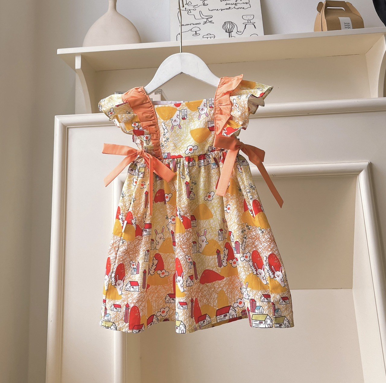 Váy bé gái 10-35kg tay cánh tiên phối màu xinh xắn Baby-S, Đầm bé gái họa tiết thỏ siêu đáng yêu – SD100