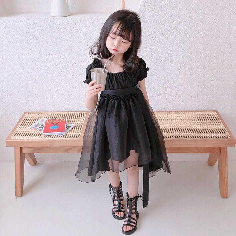 DONGSHOP HOT Cô gái công chúa váy 2021 mùa hè trẻ em màu đen retro khí chất tuxedo đầm đầm cổ tích đầm