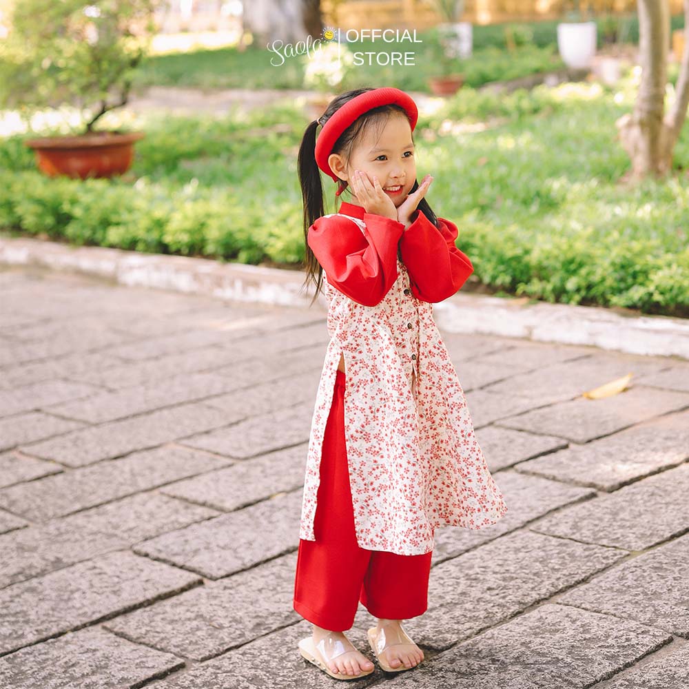 [Tặng Kèm Mấn] Áo Dài Tết Cách Tân Cho Bé Gái Hoạ Tiết Hoa Nhí  - Áo Dài &quot;Ý&quot; -  AD003 - SAOLA KIDS CLOTHING