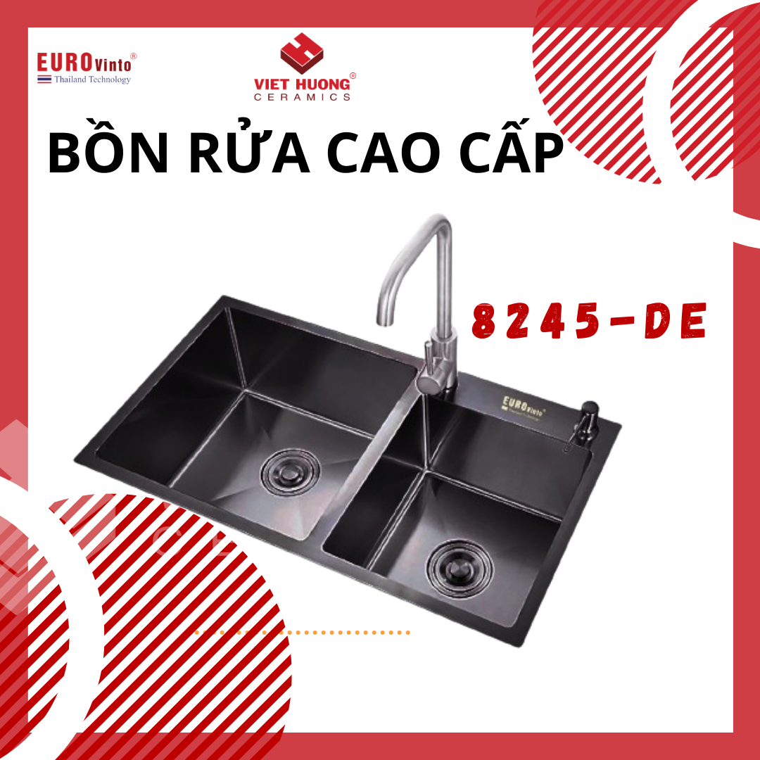 CHẬU RỬA BÁT EUROVINTO CAO CẤP INOX 2 HỐ VUÔNG MÃ 8245-DE