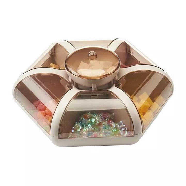 Hộp Đựng Mứt Bánh Kẹo Tết 7 Ngăn Hình Cánh Hoa Sen, Nắp Đậy Kín Nhấn Mở Thông Minh - Hộp Mứt Bung