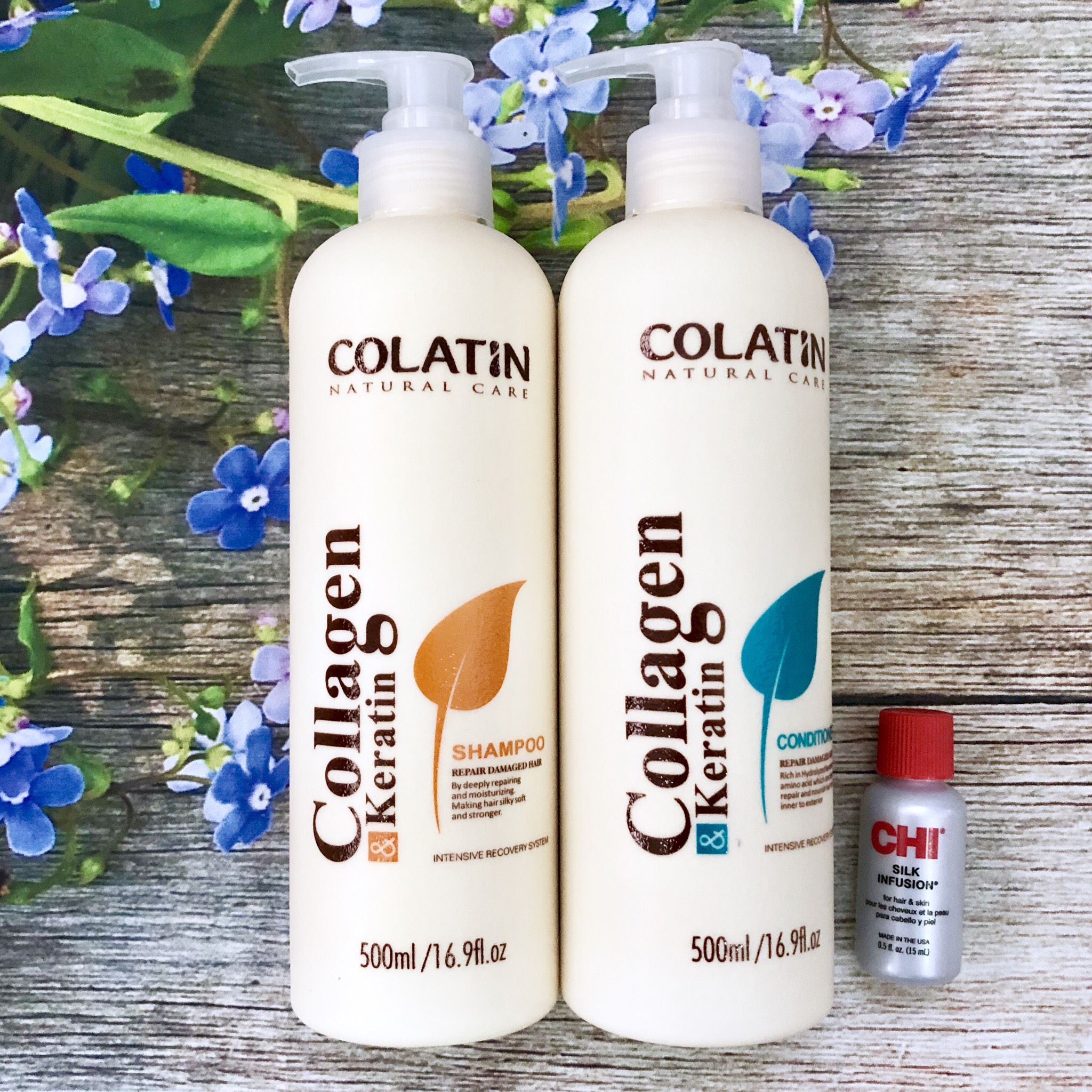 Bộ dầu gội xả Colatin Collagen dưỡng chất tơ tằm 500ml + Tinh dầu dưỡng tóc CHI Infusion 15ml