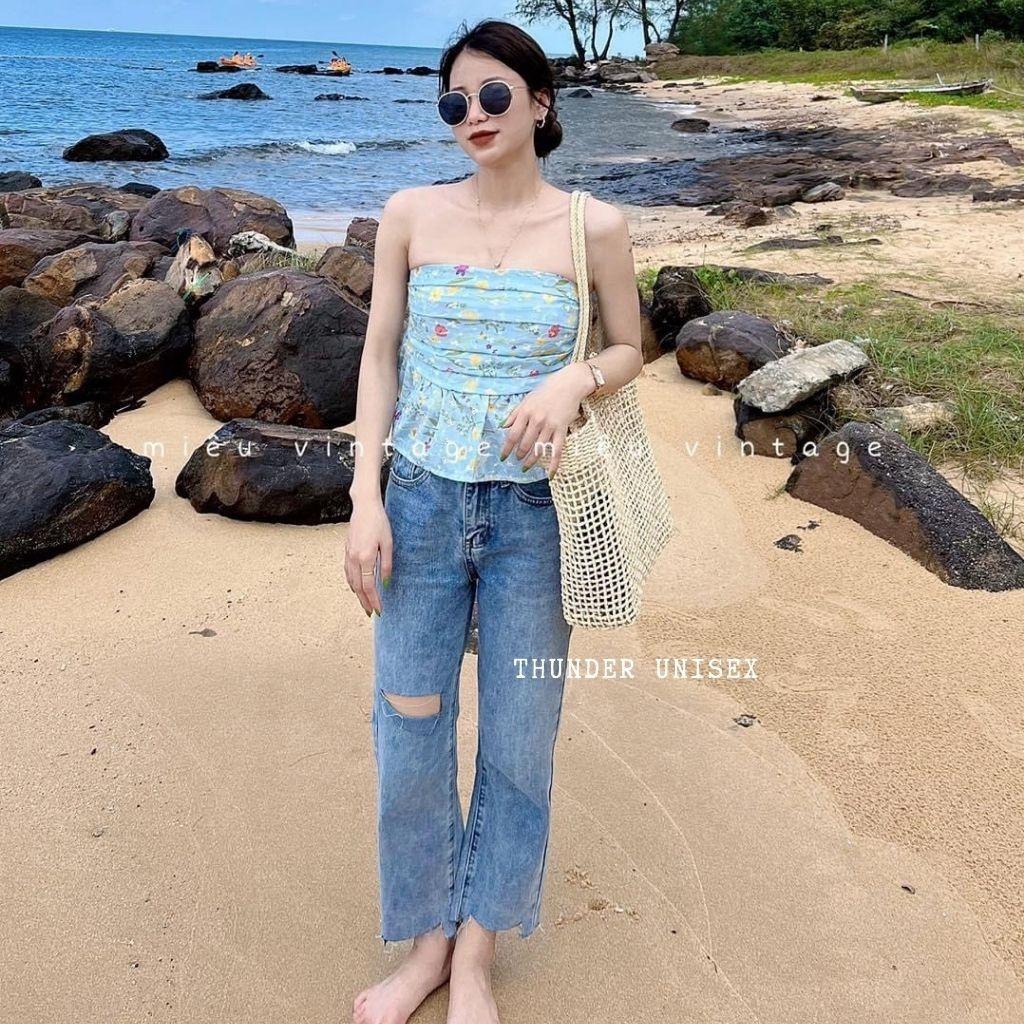 Quần Jean Nữ Ống Đứng Lưng Cao Gấu Rách Cá Tính Quần Ống Đứng Rộng ThunderUnisex Phong Cách Hàn Quốc Ulzzang