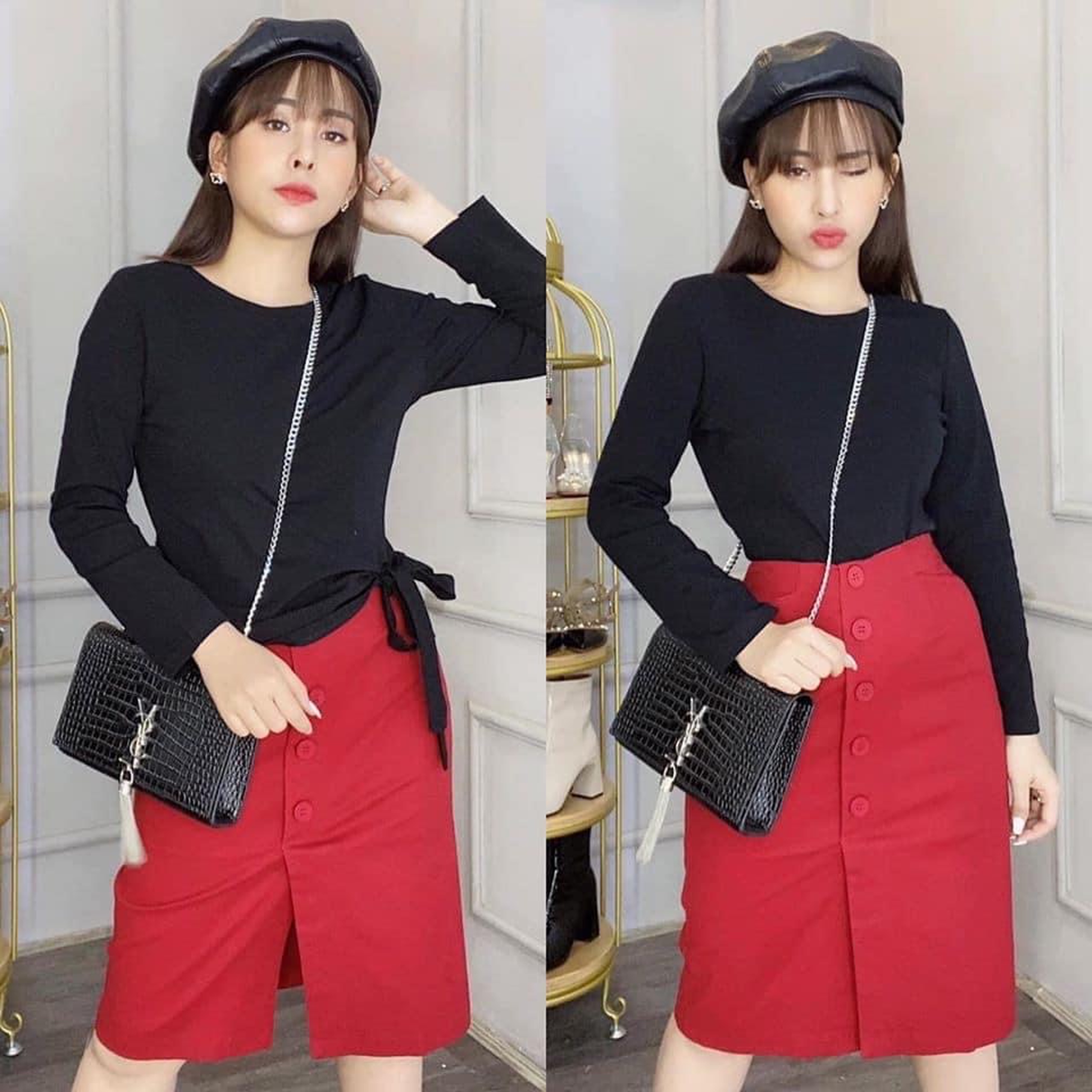Set váy kaki đỏ phối áo thun đen