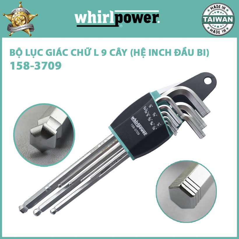 BỘ LỤC GIÁC CHỮ L 9 CÂY (HỆ INCH ĐẦU BI) WHIRLPOWER 158-3709