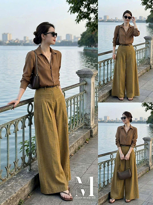 Set Bộ Quần Ruby Phối Áo Sơ Mi Lụa kèm Phụ Kiện Dây Nịt Freesize 40 - 55kg Thanh Lịch