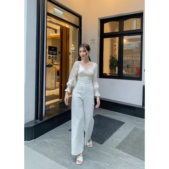 Quần ống rộng kaki trắng lưng cao