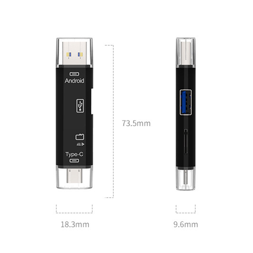 Đầu đọc thẻ nhớ đa năng dành cho điện thoại, máy tính 3 cổng kết nối USB, MicroUSB, TYPE-C, 2 cổng dữ liệu USB, TF truyền tải nhanh chóng, gọn gàng tiện dụng