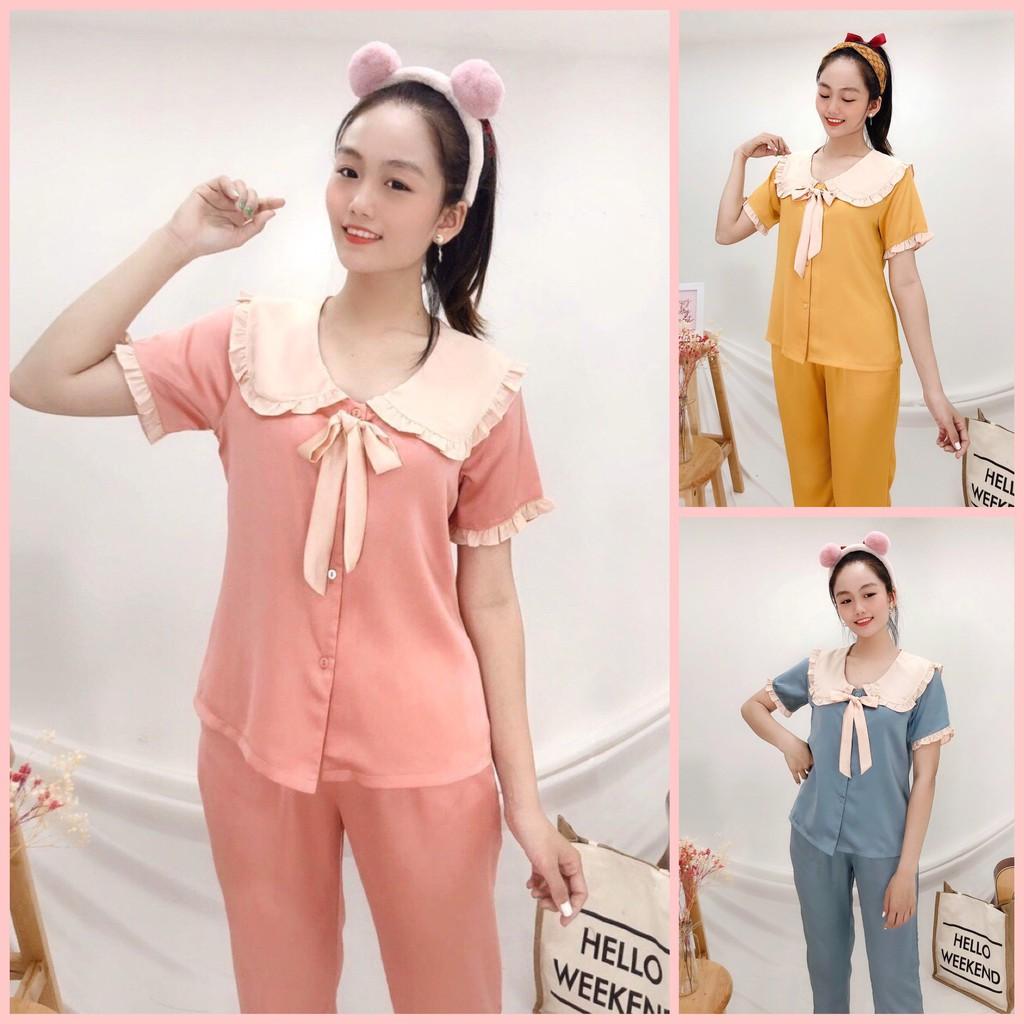 Bộ lụa Pijama NHIHOUSE71 Bộ Quần Dài Tay Ngăn Lụa Satin Tiểu Thư Cổ Phối Bèo Nơ Freesize 45-58kg