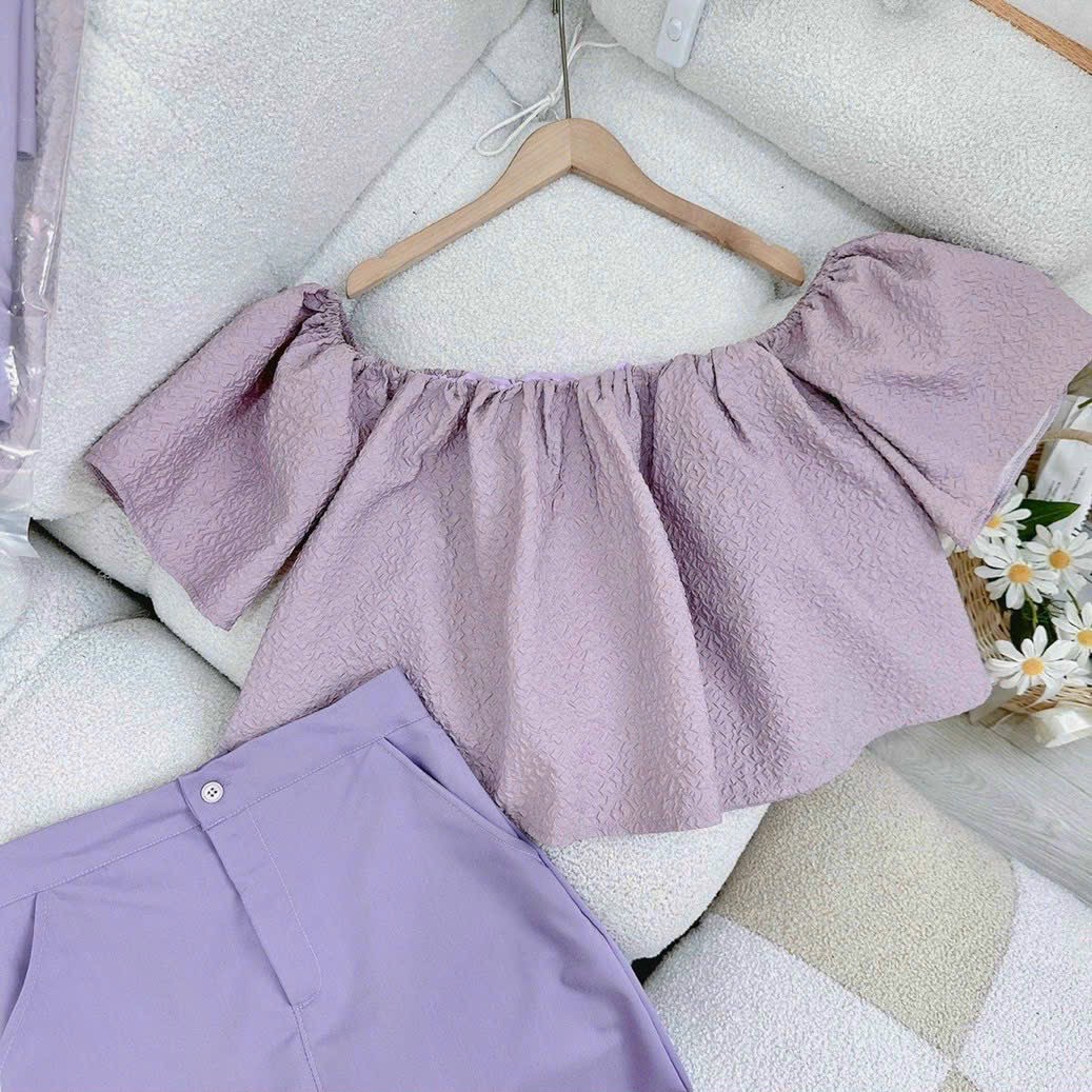 ĐẦM SET ÁO CROPTOP TRỄ VAI CỔ U TAY NGẮN BỒNG PASTEL TRƠN+ CHÂN VÁY NGẮN SUÔNG TRƠN CHỮ A TÍM QUẦN VÁY DẠO PHỐ DỰ TIỆC CÔNG SỞ ĐI BIỂN