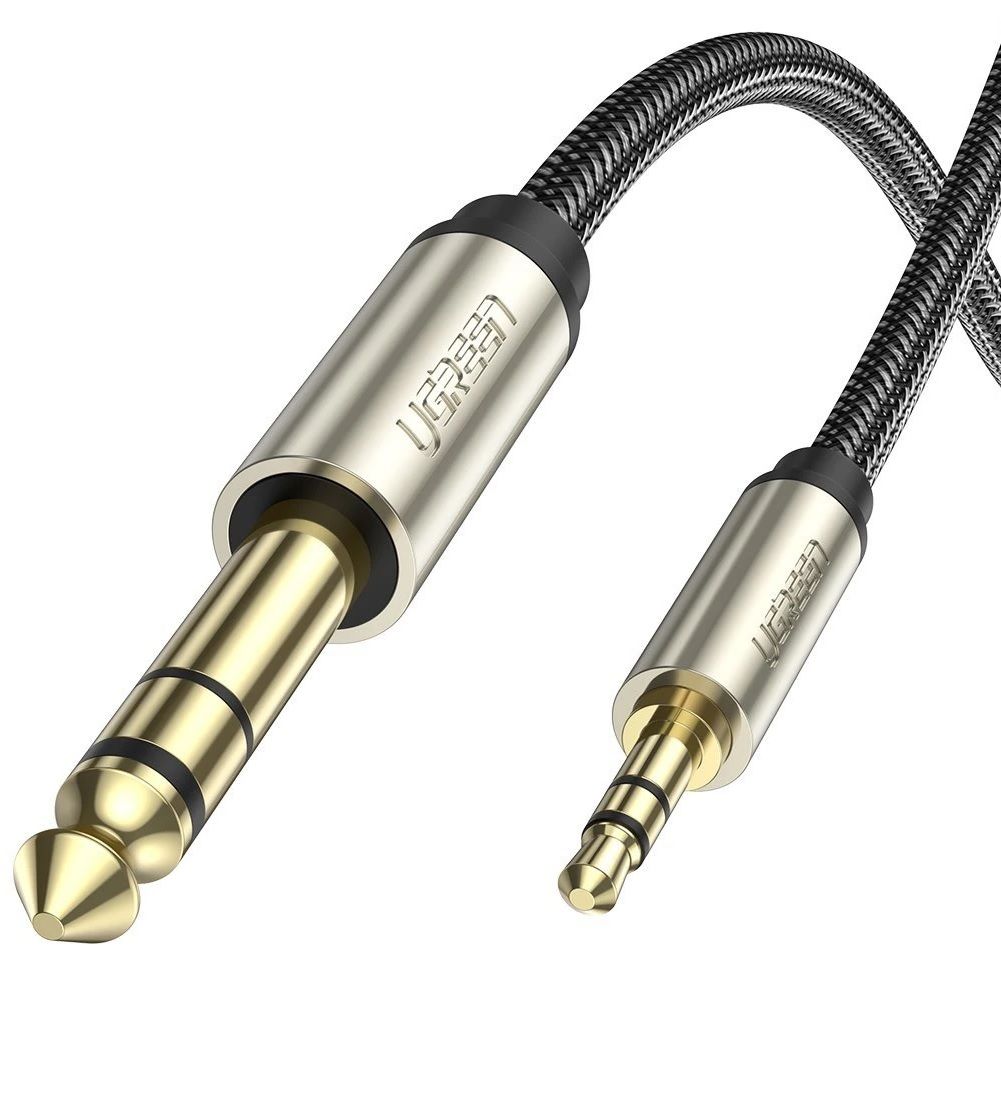 Cáp 3.5mm TRS ra 6.35mm TS Stereo Pro Audio mạ vàng 24K 1M màu xám đen Ugreen 127AT10625AV Hàng chính hãng