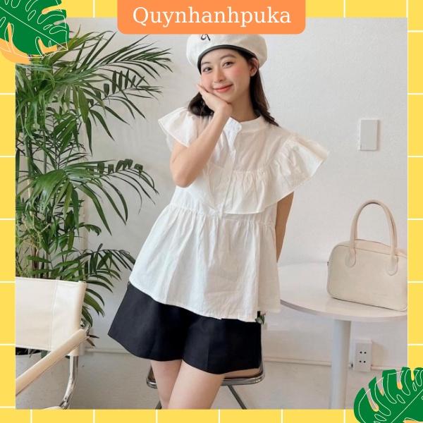 Áo sơ mi cổ bèo tiểu thư ngắn tay, form babydoll ulzzang, phong cách Hàn Quốc, chất đũi QC mềm mát, QUYNHANHPUKA