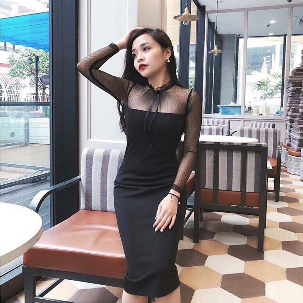 Đầm Ôm Phối Tay Lưới Bi Nơ Cổ