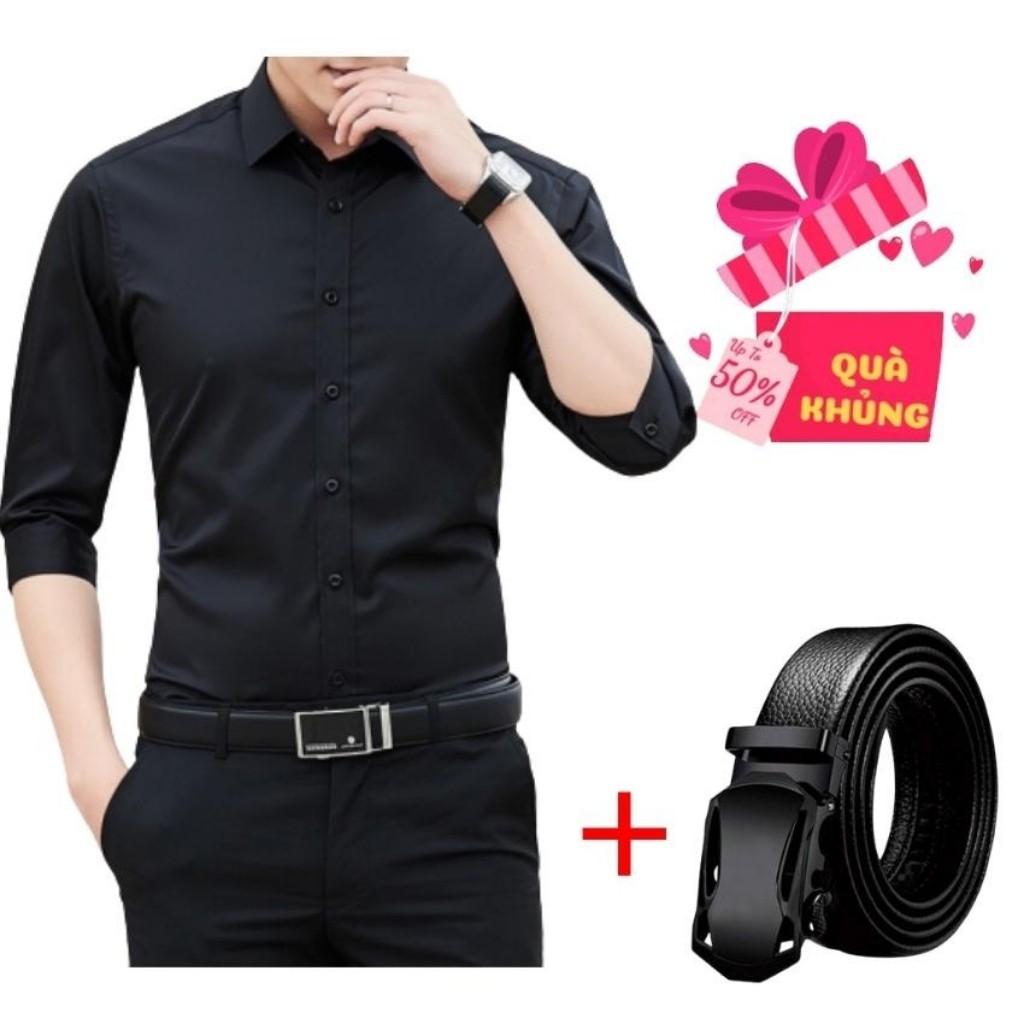 Combo Áo Sơ Mi Trơn Tặng Thắt Lưng Đen Cao Cấp Mẫu RF01 Chất Kate Mềm Mịn, Thoáng Mát