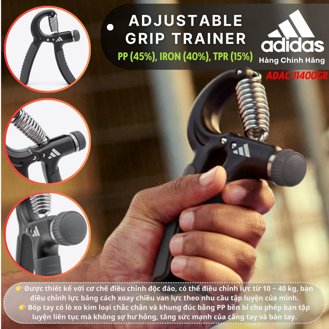Bóp Tay Chỉnh Lực [10Kg - 40Kg] Chính Hãng ADIDAS ADAC-11400GR Adjustable Grip Trainer (1 Cái)