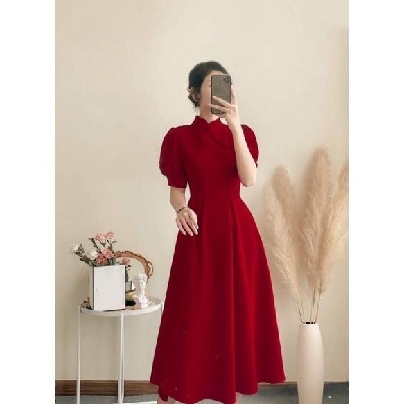 Đầm Đỏ Tay Phồng Nút Bọc Đầm Noel Tết Đi Chơi Cực Sinh Xắn Rubi BY8361