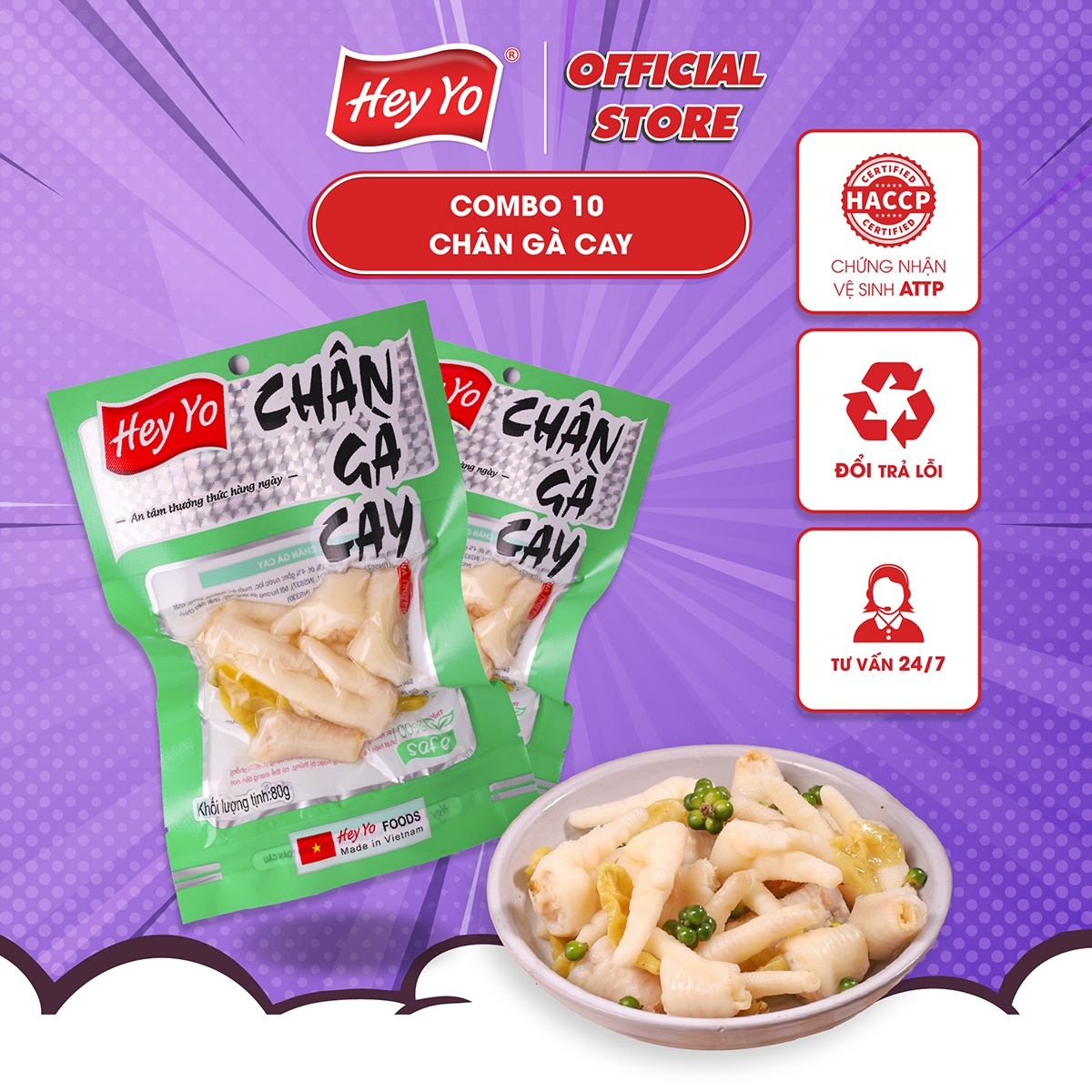 Combo 10 Chân Gà Cay 80g Hey Yo, chân gà ngâm ớt xanh hàng Việt Nam thơm ngon chất lượng