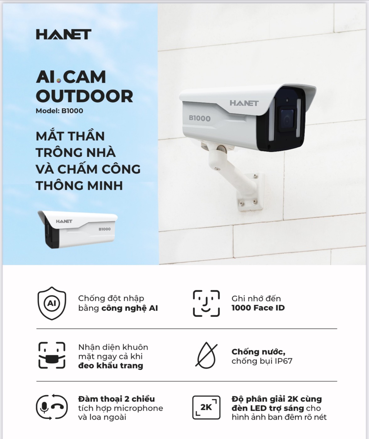 HANET AI CAM OUTDOOR B1000 – Camera Nhận diện khuôn mặt, chấm công, tính năng AI trông xe - Hàng chính hãng