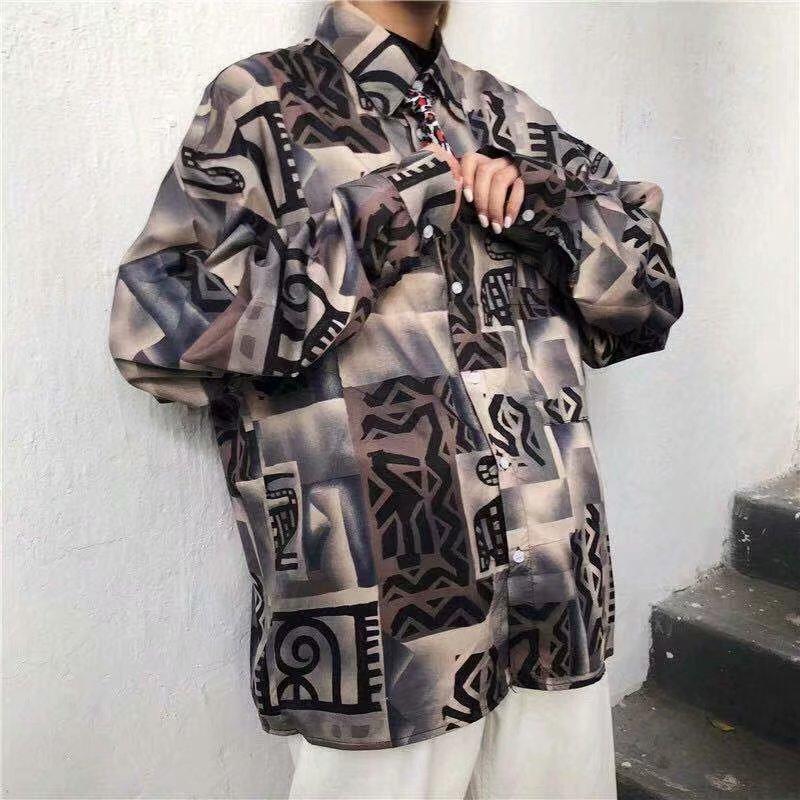 Áo Sơ Mi Dài Tay Dáng Rộng In Họa Tiết Cá Tính Dành Cho Nam / Size M-3Xl