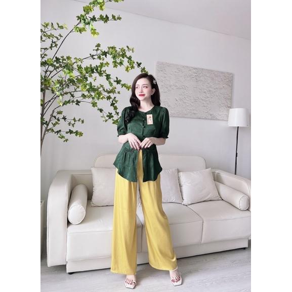 Đồ Bộ Mặc Nhà Nữ - Bộ Gấm cao cấp nút bọc, Quần suông, Freesize 40-60kg, tuỳ chiều cao - HÌNH SÀN CHỤP THẬT