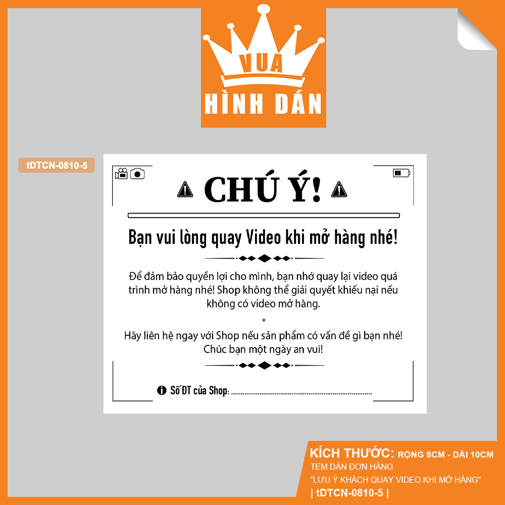 Set 50/100 Tem lưu ý khách quay video khi mở hàng (8x10cm) (1.020) - tem sticker dán đơn hàng, kiện hàng dành cho shop