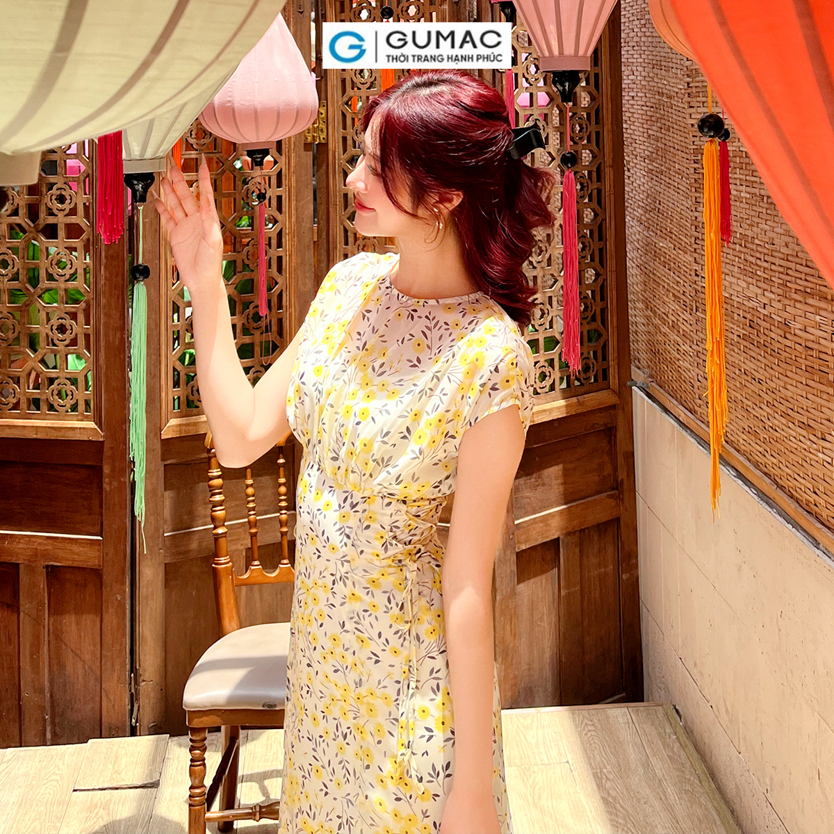Đầm họa tiết hoa kiểu phối dây eo thời trang nữ tính thanh lịch GUMAC DD07031