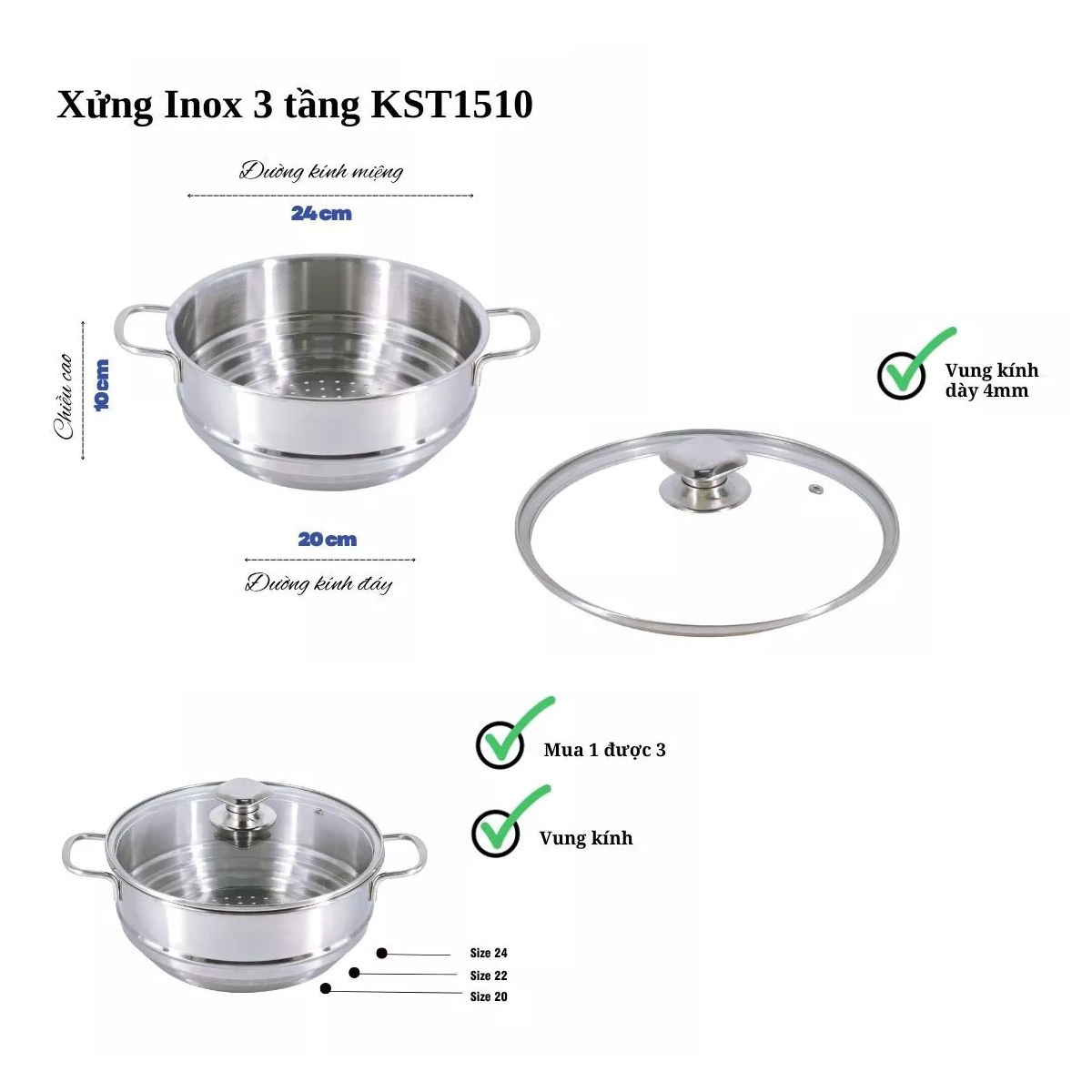 Xửng hấp Inox đa năng KingCook 3 tầng 20-22-24cm kèm vung kính