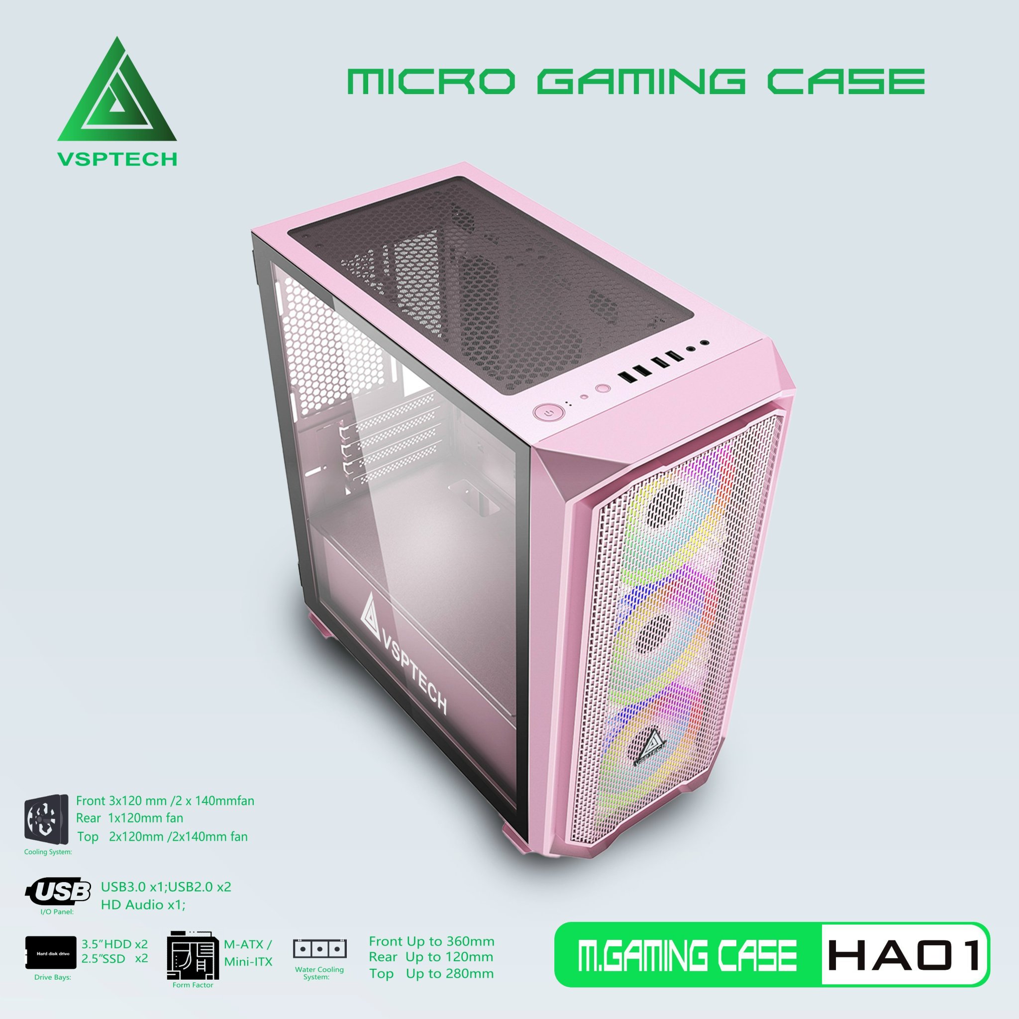 Case Gaming VSP HA01 Mini Tower (Hồng) - Hàng chính hãng