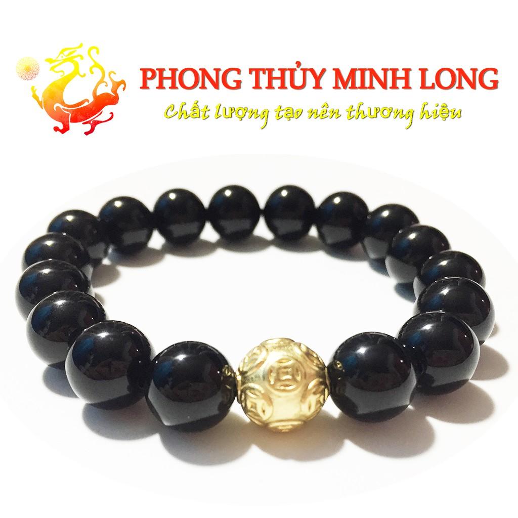 Vòng tay đá Mã Não Đen hàng 3A mix hạt Kim Tiền bằng Bạc charm Vàng hợp mệnh Thủy và Mộc