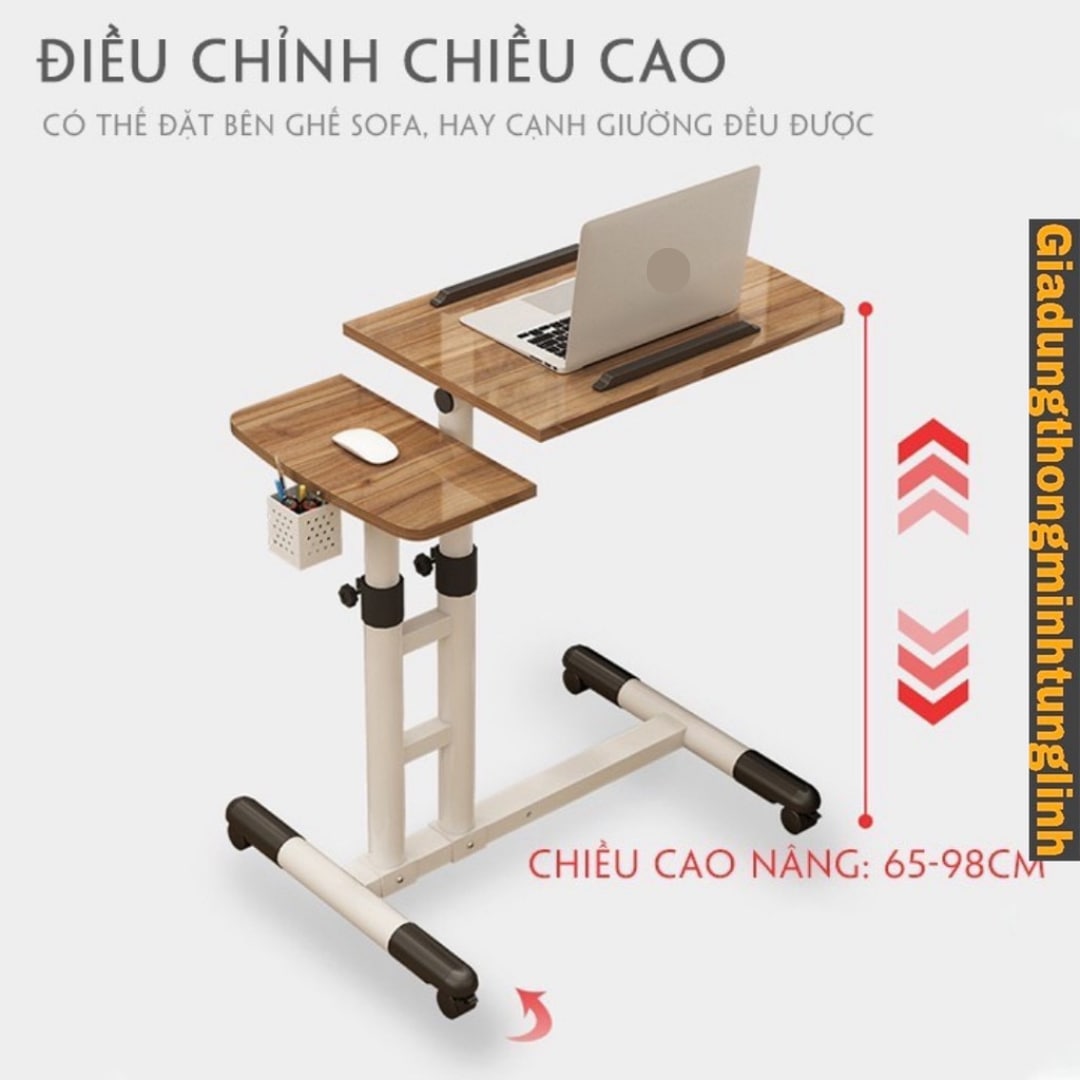 Bàn Laptop Di Động Thông Minh nâng hạ chiều cao, có bánh xe di chuyển - Mặt bàn điểu chỉnh độ nghiêng kèm giỏ bút