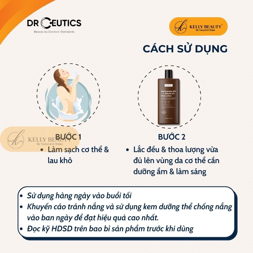 Sữa Dưỡng Thể Trắng Da DrCeutics - Dưỡng Ẩm, Nâng Tông, Chống Lão Hóa Da - Niacinamide 10% + α–Arbutin 2% | Kelly Beauty