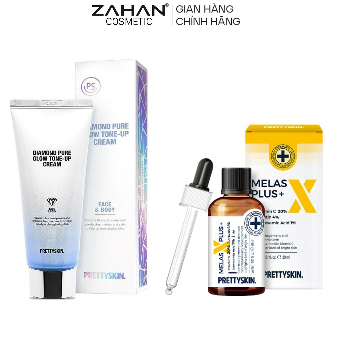 Combo Serum nám dưỡng trắng Melas X Plus+ Prettyskin 30ml và Kem Dưỡng Trắng kim cương Diamond Pure Glow Tone-Up Cream 100ml