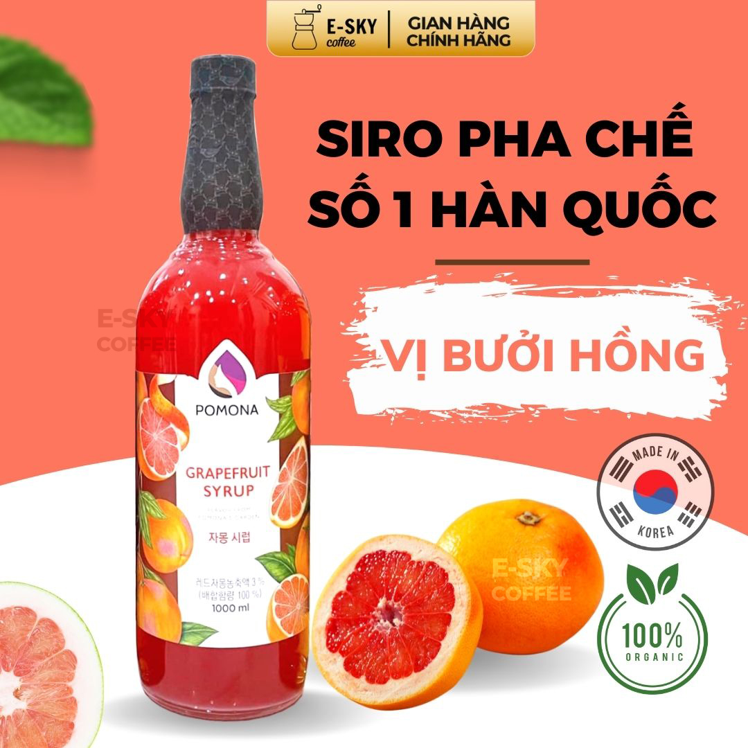 Siro Bưởi Hồng Pomona Grape Fruit Syrup Nguyên Liệu Pha Chế Hàn Quốc Chai Thủy Tinh 1 Lít