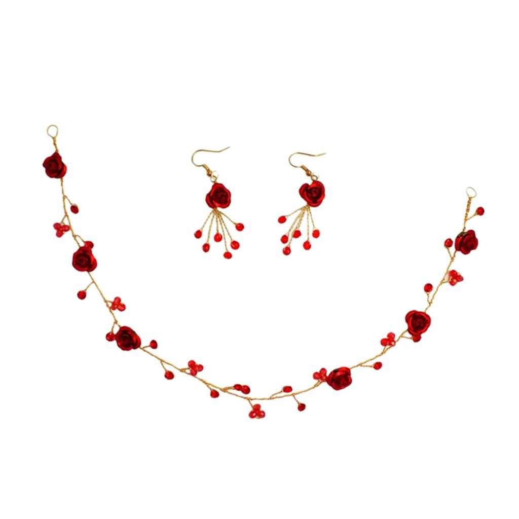 Bridal Crown Headband Tiara Fashion Red Rose Earrings Set Headpiece Jewelry Set