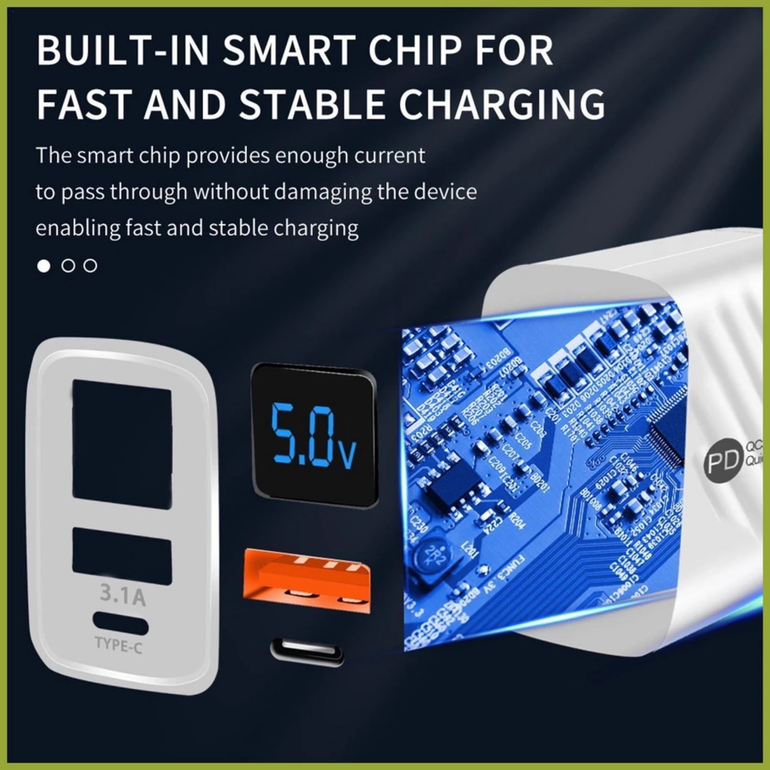 Củ Sạc Nhanh PD20W Cổng USB 5V3.1A có màn hình led hiển thị cho Điện Thoại, Máy Tính Bảng gồm 1 cổng USB và 1 cổng Type-C,  hàng nhập khẩu