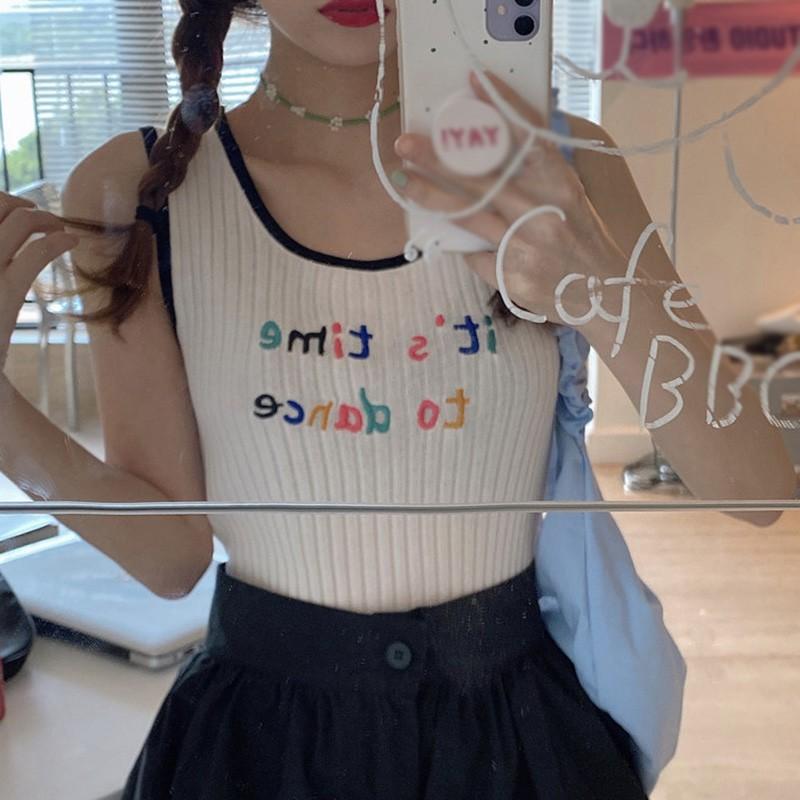 Áo Hai Dây Dệt Kim Thêu Chữ Phong Cách Hàn Quốc Cho Nữ