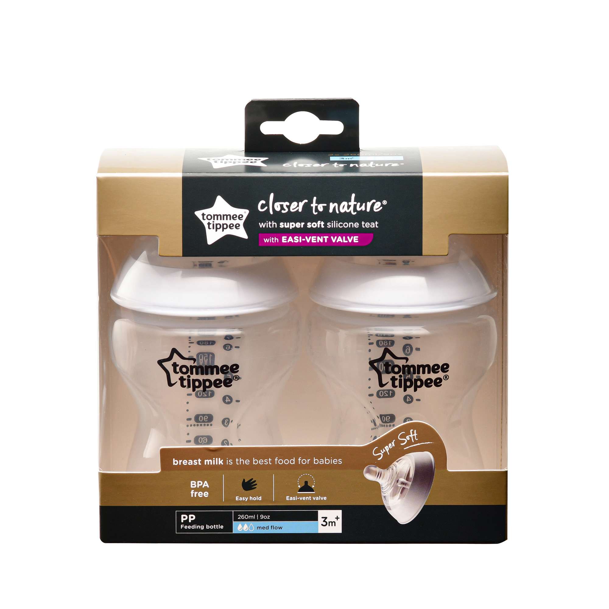 Bình sữa ty siêu mềm tự nhiên Tommee Tippee Closer to Nature 260ml, núm ty đi kèm 3-6 tháng (bình đôi)