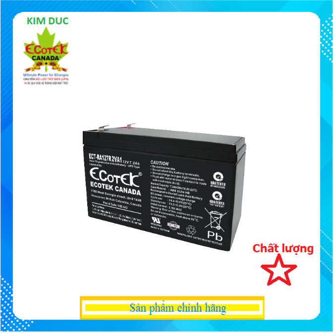 Ắc quy ECOTEK, ECT-RA127R2VA1,12V7.2AH - Dùng cho Bộ Lưu Điện - Hàng chính hãng