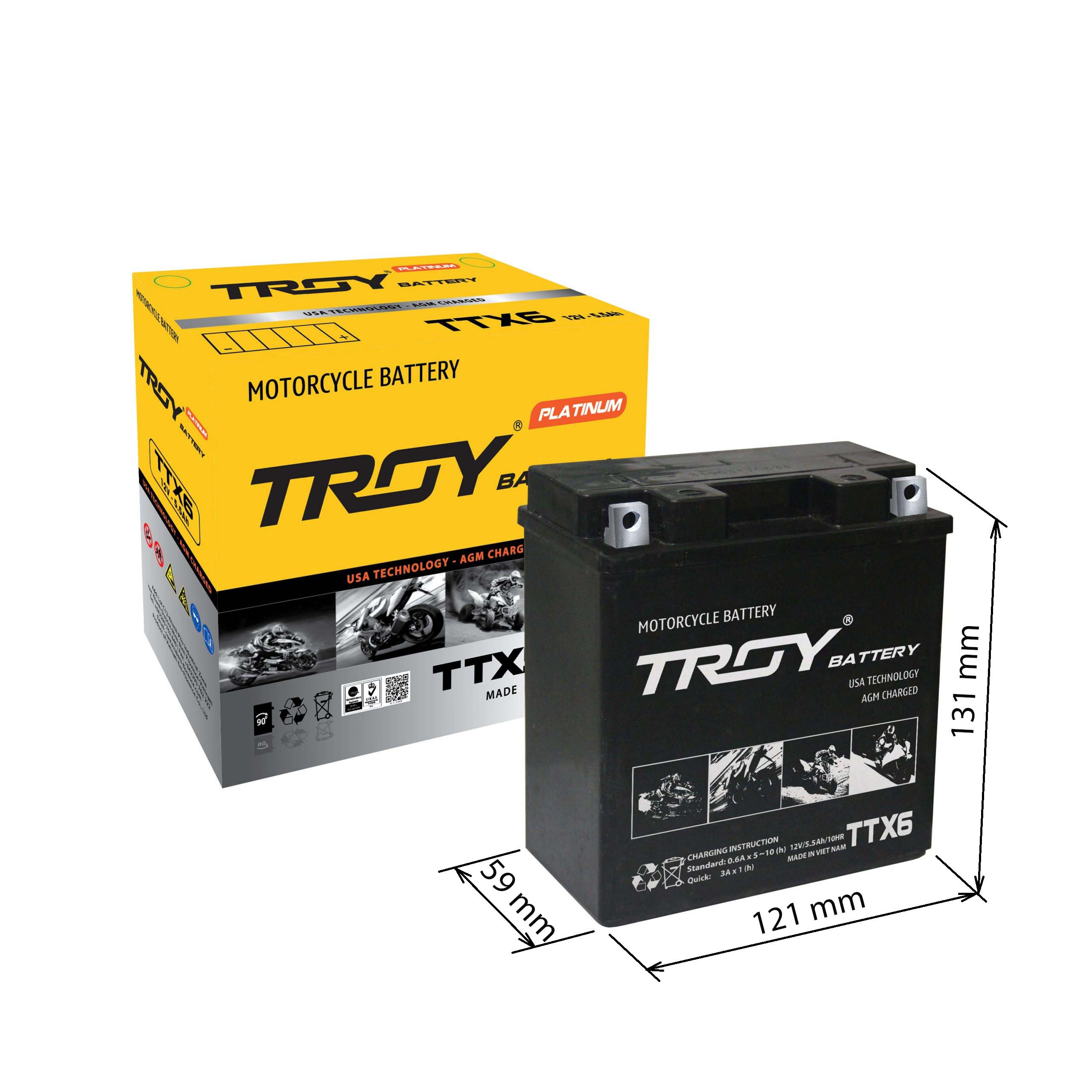 Ắc quy xe máy TROY BATTERY, TTX6, 12V, 5.5Ah