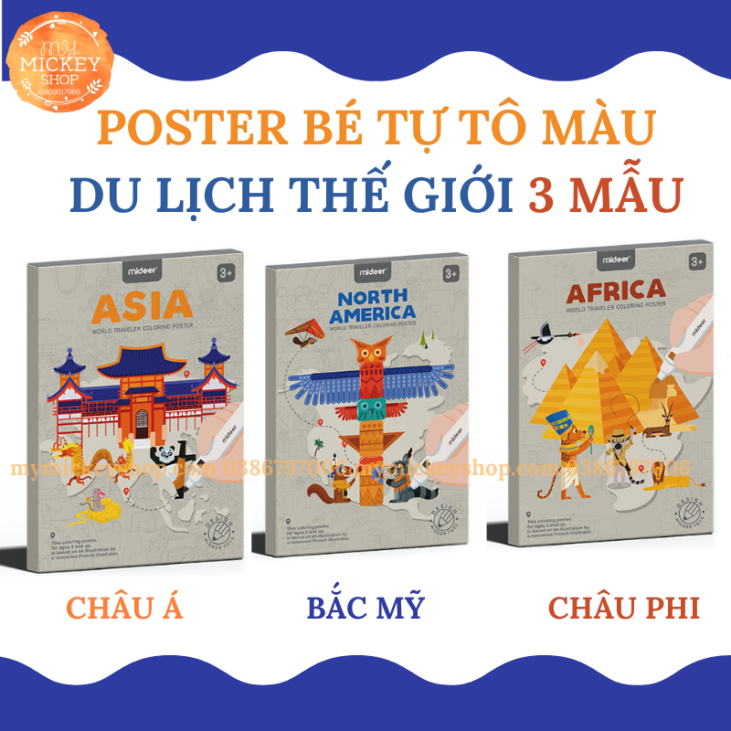 Tranh thủ công tô màu với 3 chủ đề Du Lịch các châu lục chính hãng Mideer World Traveler Coloring Poster cho bé từ 3 tuổi