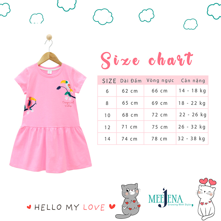 Đầm bé gái tay ngắn 14-38 kg MEEJENA, 100% COTTON 4C - 1907