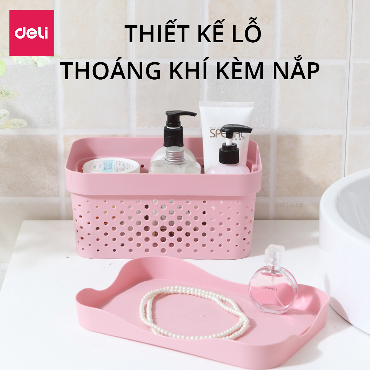 Giỏ Nhựa Đựng Đồ Đa Năng Có Nắp Đậy Cao Cấp Deli - Đựng Sách Vở Đồ Cá Nhân Mỹ Phẩm Quần Áo Chăn Gối Ga Mền - Nhiều Size, Kích Cỡ Lớn Nhỏ , Có Tay Cầm, Phong Cách Nhật Bản Đơn Giản, Tiện Dụng, Vật Liệu An Toàn