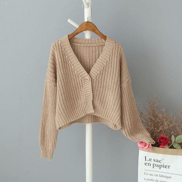 Áo khoác len cardigan croptop nhiều màu cổ V dệt kim dáng rộng cho phái nữ hàng Quảng Châu chất đẹp H-24